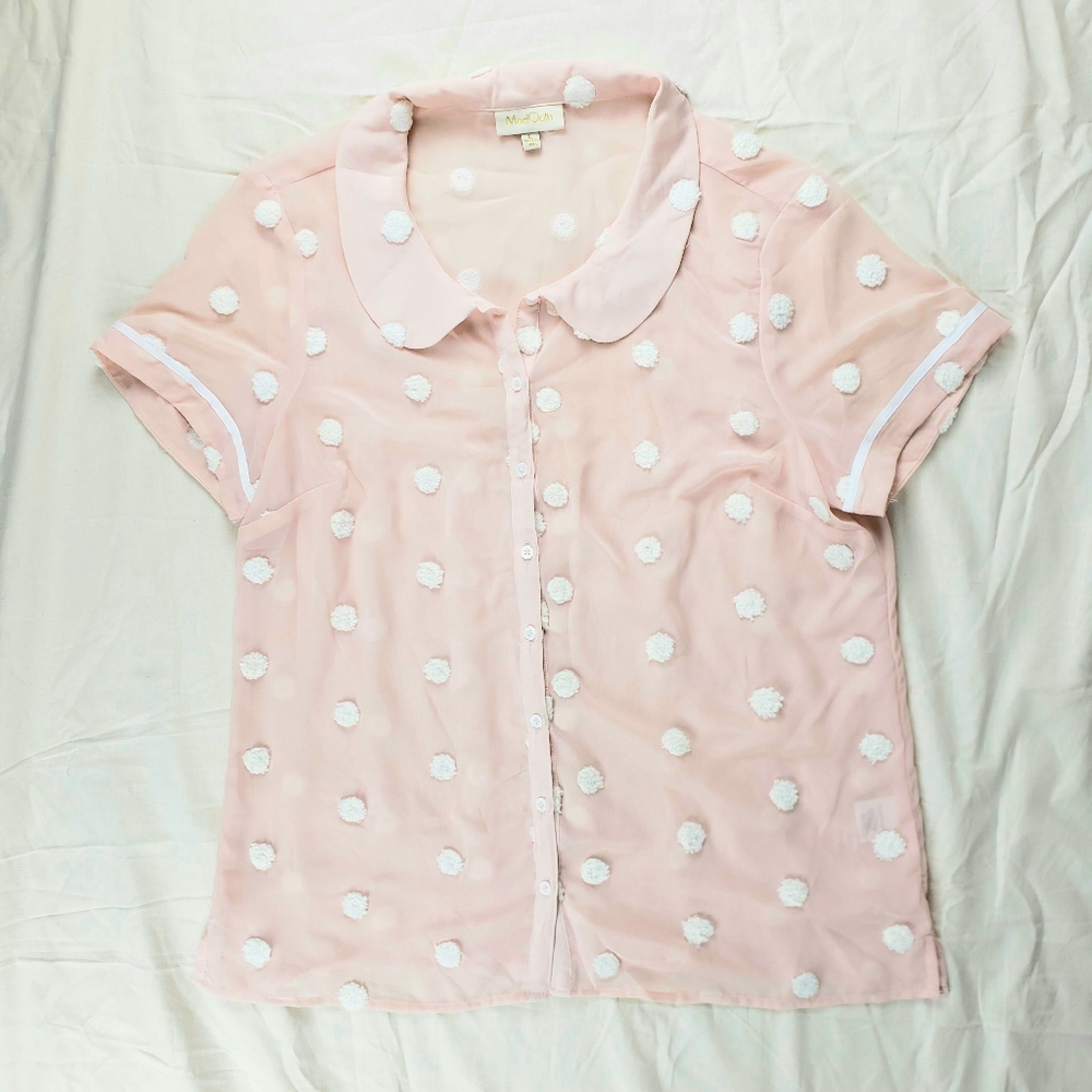 ModCloth Pink Fluffy Polka Dot Button Up Shirt L